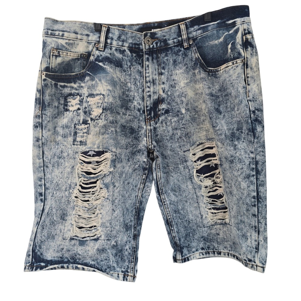 Hype Mens Slim Acid Wash‎ Distressed Denim Shorts Blue Star Underlay Size 38